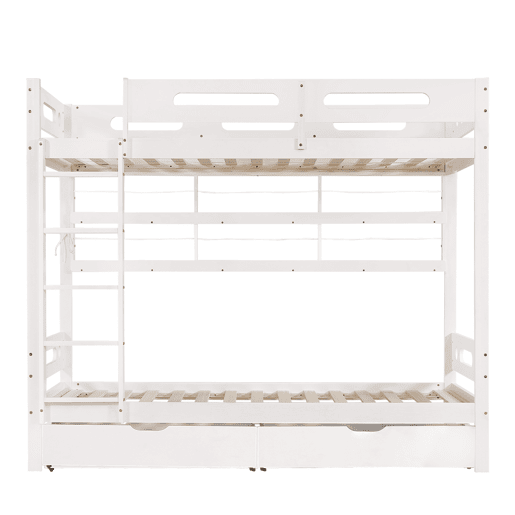 Cama beliche infantil 90x200 - com grade de segurança, 2 gavetas, estante aberta, escada de 5 degraus, grande espaço de armazenamento - Branco