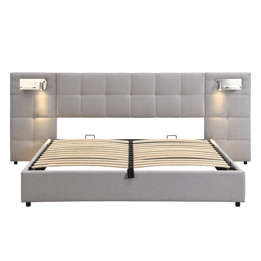 Cama estofada 180x200 cm - Hidráulica, com USB, carregamento sem fios, lâmpada iluminada e arrumação - Cinza Linen