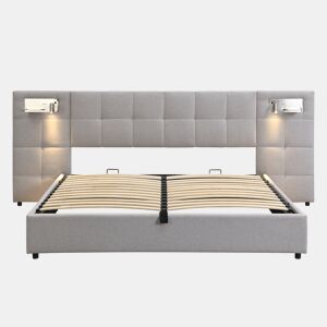 Cama estofada 180x200 cm - Hidráulica, com USB, carregamento sem fios, lâmpada iluminada e arrumação - Cinza Linen