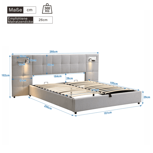 Cama estofada 180x200 cm - Hidráulica, com USB, carregamento sem fios, lâmpada iluminada e arrumação - Cinza Linen