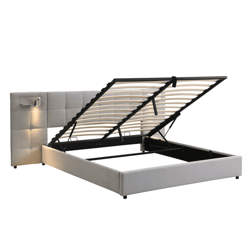Cama estofada 180x200 cm - Hidráulica, com USB, carregamento sem fios, lâmpada iluminada e arrumação - Cinza Linen