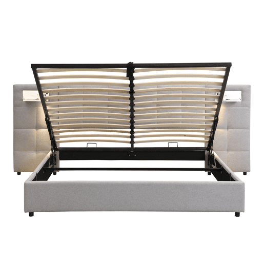 Cama estofada 180x200 cm - Hidráulica, com USB, carregamento sem fios, lâmpada iluminada e arrumação - Cinza Linen