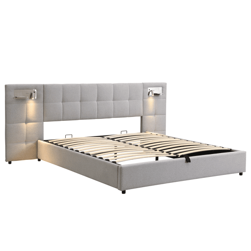 Cama estofada 180x200 cm - Hidráulica, com USB, carregamento sem fios, lâmpada iluminada e arrumação - Cinza Linen