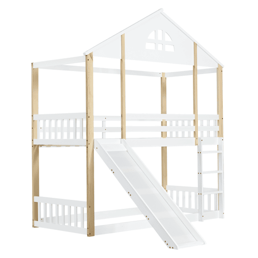 Beliche infantil 90x200 cm - com janelas, escorregador, escada angular e grades de segurança - Branco+Natural