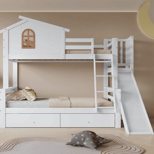 Beliche + cama individual 90x200 e 120x200 - Janelas decorativas, escada inclinada de 4 níveis, cama para crianças e adultos com escorregador, 2 gavetas, estrutura em madeira maciça - Branco