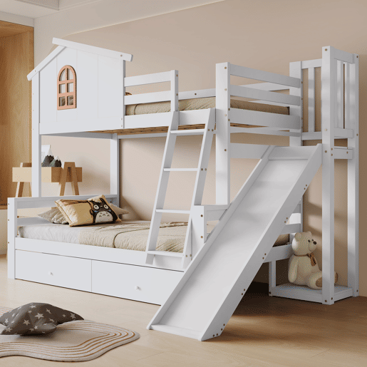 Beliche + cama individual 90x200 e 120x200 - Janelas decorativas, escada inclinada de 4 níveis, cama para crianças e adultos com escorregador, 2 gavetas, estrutura em madeira maciça - Branco