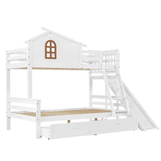 Beliche + cama individual 90x200 e 120x200 - Janelas decorativas, escada inclinada de 4 níveis, cama para crianças e adultos com escorregador, 2 gavetas, estrutura em madeira maciça - Branco