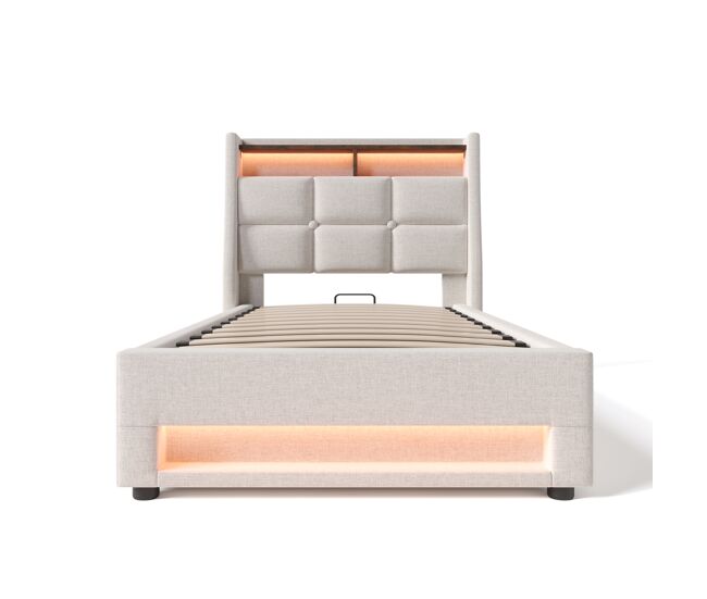Cama tapizada 90x200 - cama led con usb, marco metálico, con somier, material de lino, para jóvenes - beige