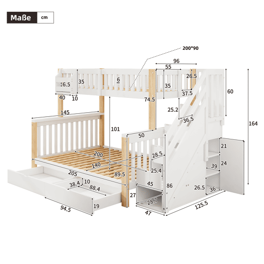 Cama beliche infantil - multifuncional com gaveta, estante e armário com escada - branco + natural