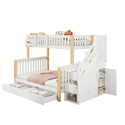 Cama beliche infantil - multifuncional com gaveta, estante e armário com escada - branco + natural