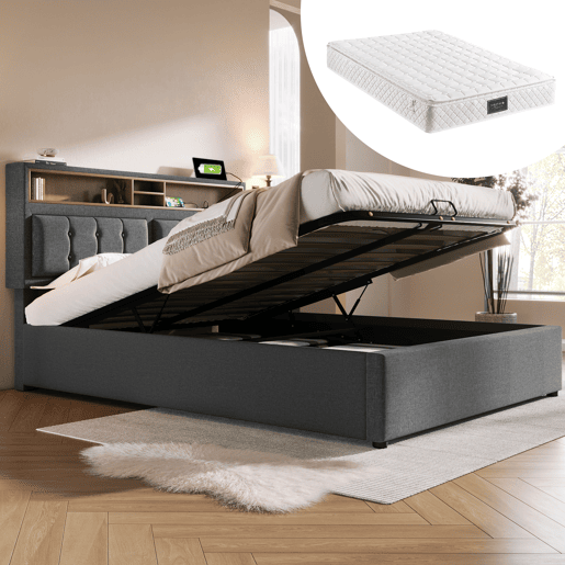 Cama estofada 160x200 - Cama juvenil com função de carregamento USB C, cabeceira e estrutura em linho - Bege