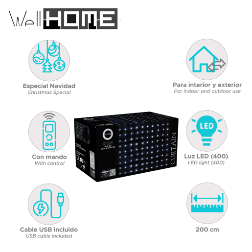 Conjunto de cortinas de luz Well Home com 400 luzes LED brancas com 20 cordas e controle remoto