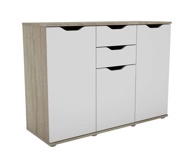 Aparador, armario de almacenaje 3 puertas 2 cajones salón parc moderno roble sonoma y blanco mate 108x79x38 cm