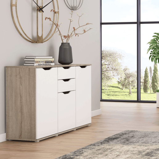 Aparador, Armário de Armazenamento 3 Portas 2 Gavetas Sala de Estar Parc Modern Carvalho Sonoma e Branco Mate 108x79x38 cm
