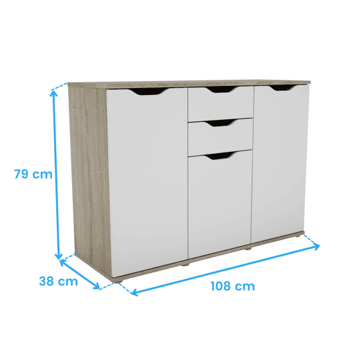 Aparador, Armário de Armazenamento 3 Portas 2 Gavetas Sala de Estar Parc Modern Carvalho Sonoma e Branco Mate 108x79x38 cm