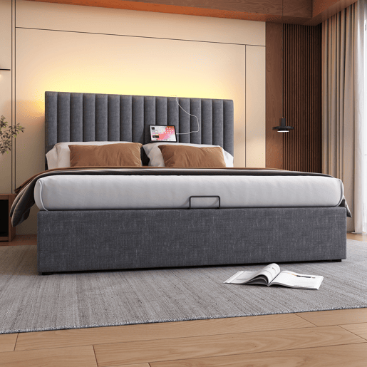 Cama com arrumação 140x200cm - LED, controlo por aplicação, USB tipo C, cabeceira ajustável - Cinza