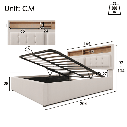 Cama estofada 160x200 cm - com função de carregamento USB C, cabeceira e estrutura em linho - Cinza