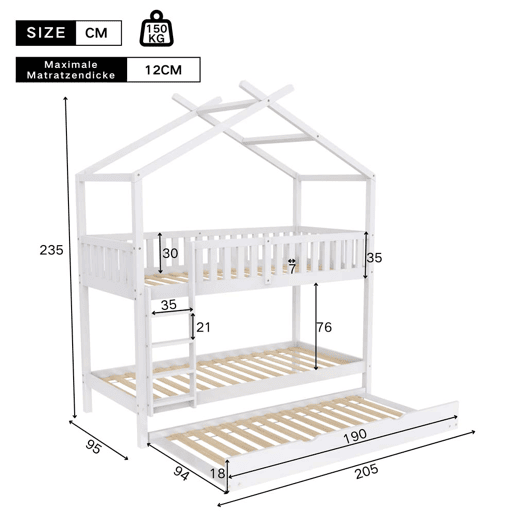 Cama infantil juvenil 90x200 cm - cama tripla extensível com design economizador de espaço - branco
