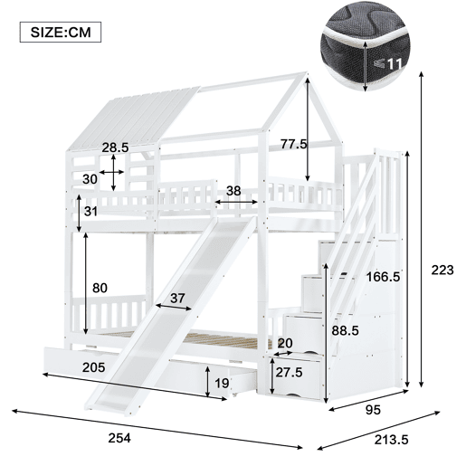 Beliche 90x200 - Casa com escada e escorregador, escada com arrumação, janela e teto, corrimão de segurança, gaveta - Branco