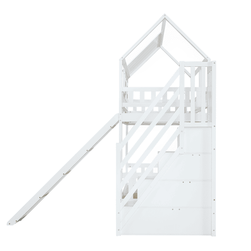 Beliche 90x200 - Casa com escada e escorregador, escada com arrumação, janela e teto, corrimão de segurança, gaveta - Branco