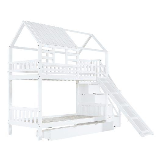 Beliche 90x200 - Casa com escada e escorregador, escada com arrumação, janela e teto, corrimão de segurança, gaveta - Branco