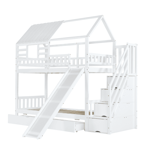 Beliche 90x200 - Casa com escada e escorregador, escada com arrumação, janela e teto, corrimão de segurança, gaveta - Branco