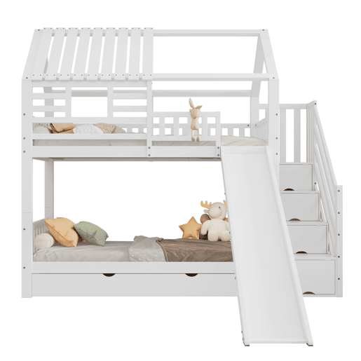 Beliche 90x200 - Casa com escada e escorregador, escada com arrumação, janela e teto, corrimão de segurança, gaveta - Branco