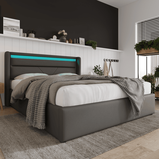 Cama estofada 160x200 - Cama com arrumação e LED - Cinza Cama estofada 160x200 - Cama com arrumação e LED - Cinza