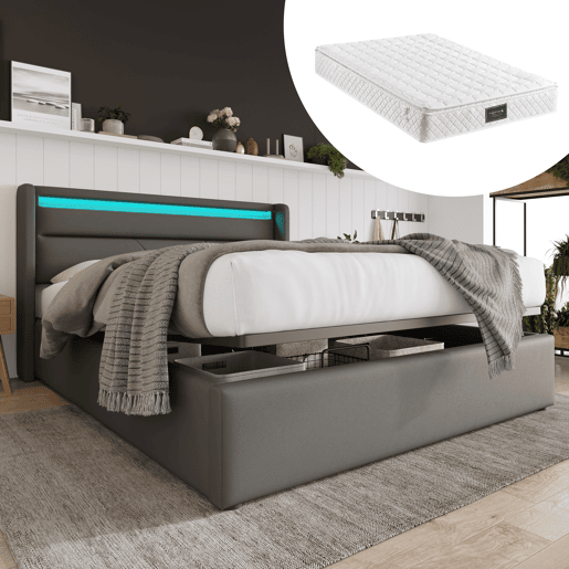 Cama estofada 160x200 - Cama com arrumação e LED - Cinza Cama estofada 160x200 - Cama com arrumação e LED - Cinza