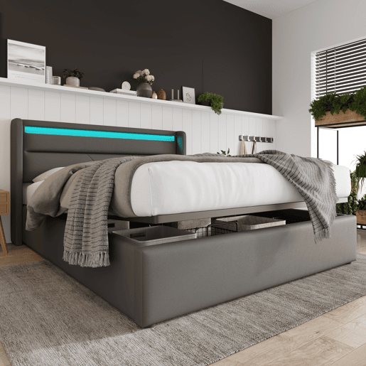 Cama estofada 160x200 - Cama com arrumação e LED - Cinza Cama estofada 160x200 - Cama com arrumação e LED - Cinza