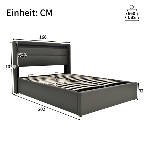 Cama estofada 160x200 - Cama com arrumação e LED - Cinza Cama estofada 160x200 - Cama com arrumação e LED - Cinza