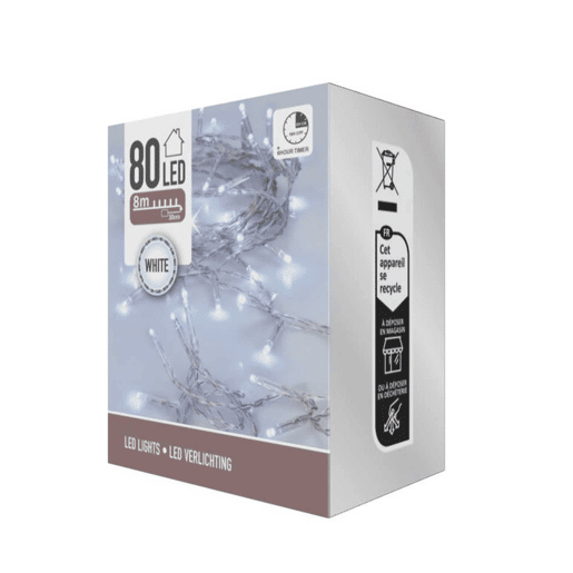 Luzes de corda LED brancas Well Home 80 com temporizador e cabo transparente