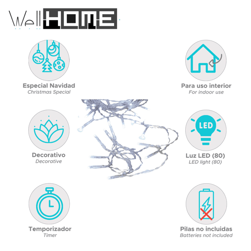 Luzes de corda LED brancas Well Home 80 com temporizador e cabo transparente