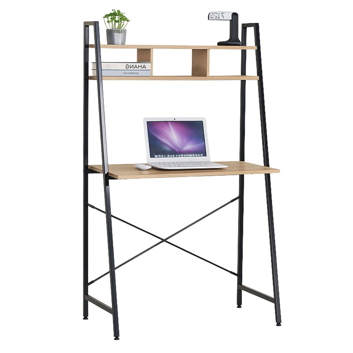 Mesa escritorio con estantería, roble y negro oficina, estantes y estudio simply 3 huecos 86x142x46 cm