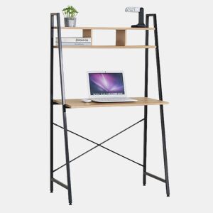 Mesa de computador de escritório estilo Simply Modern com prateleira em carvalho cambriano e preto 3 espaços abertos 86x142x46 cm