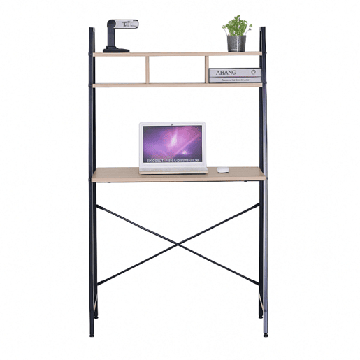 Mesa de computador de escritório estilo Simply Modern com prateleira em carvalho cambriano e preto 3 espaços abertos 86x142x46 cm
