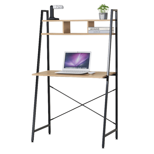 Mesa de computador de escritório estilo Simply Modern com prateleira em carvalho cambriano e preto 3 espaços abertos 86x142x46 cm