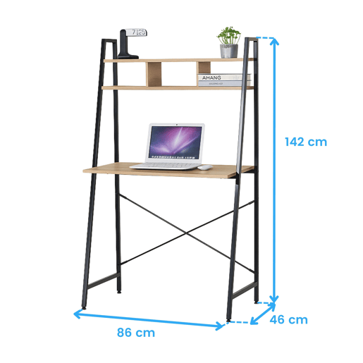 Mesa de computador de escritório estilo Simply Modern com prateleira em carvalho cambriano e preto 3 espaços abertos 86x142x46 cm