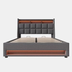Cama estofada LED 160x200cm - Cama de casal com USB, base de metal, estrutura de linho, com colchão - Cinza