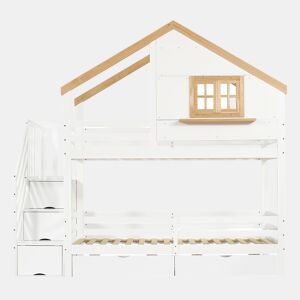 Beliche infantil 90x200 - Casinha com janela, escadas com arrumação, espaço debaixo do colchão - Branco+Natural