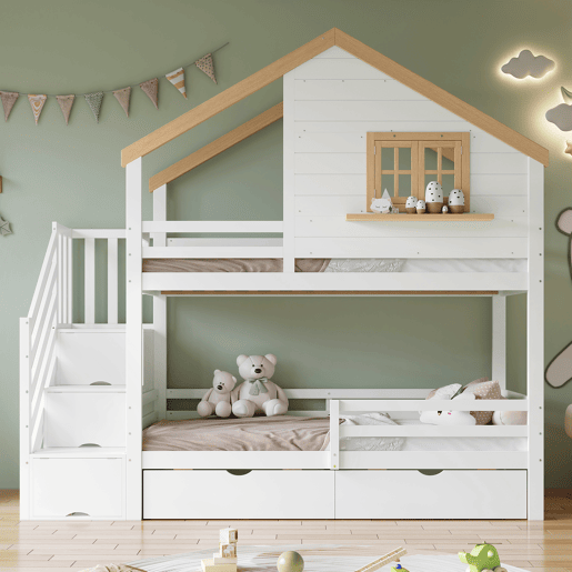 Beliche infantil 90x200 - Casinha com janela, escadas com arrumação, espaço debaixo do colchão - Branco+Natural Beliche infantil 90x200 - Casinha com janela, escadas com arrumação, espaço debaixo do colchão - Branco+Natural