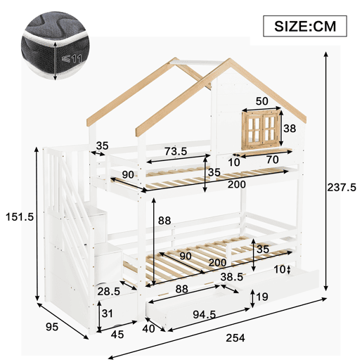 Beliche infantil 90x200 - Casinha com janela, escadas com arrumação, espaço debaixo do colchão - Branco+Natural Beliche infantil 90x200 - Casinha com janela, escadas com arrumação, espaço debaixo do colchão - Branco+Natural