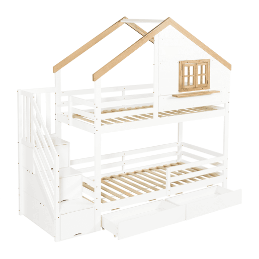 Beliche infantil 90x200 - Casinha com janela, escadas com arrumação, espaço debaixo do colchão - Branco+Natural