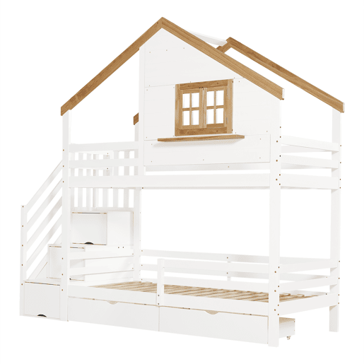 Beliche infantil 90x200 - Casinha com janela, escadas com arrumação, espaço debaixo do colchão - Branco+Natural