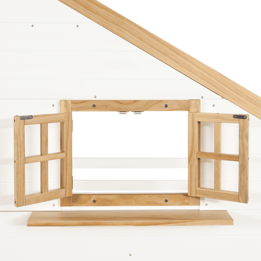 Beliche infantil 90x200 - Casinha com janela, escadas com arrumação, espaço debaixo do colchão - Branco+Natural