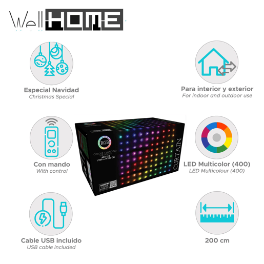 Conjunto de cortinas de luz LED RGB Well Home 400 com controle remoto de 20 cordas
