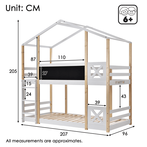 Cama infantil 90x200 cm - Cama tipo árvore com escada e 2x estrado - Natural e Branco