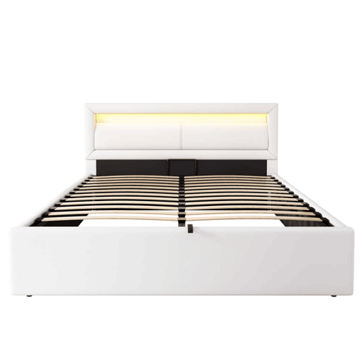 Cama estofada 140x190 cm - com base de ripas, LED multicolorido e espaço de arrumação - branco couro sintético