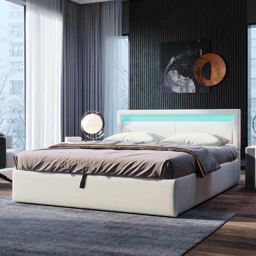 Cama estofada 140x190 cm - com base de ripas, LED multicolorido e espaço de arrumação - branco couro sintético
