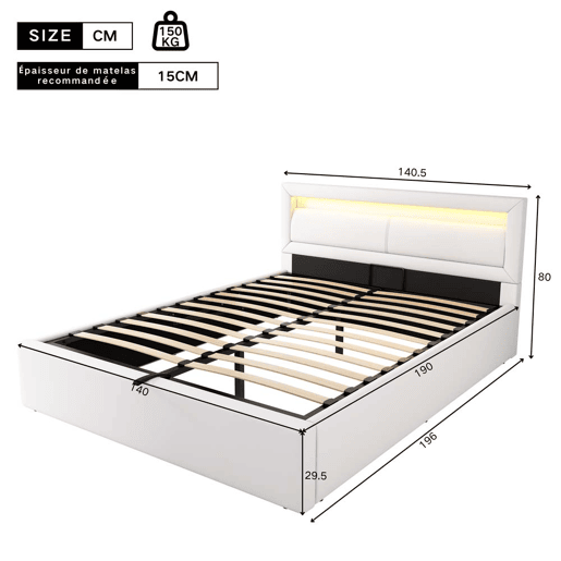 Cama estofada 140x190 cm - com base de ripas, LED multicolorido e espaço de arrumação - branco couro sintético